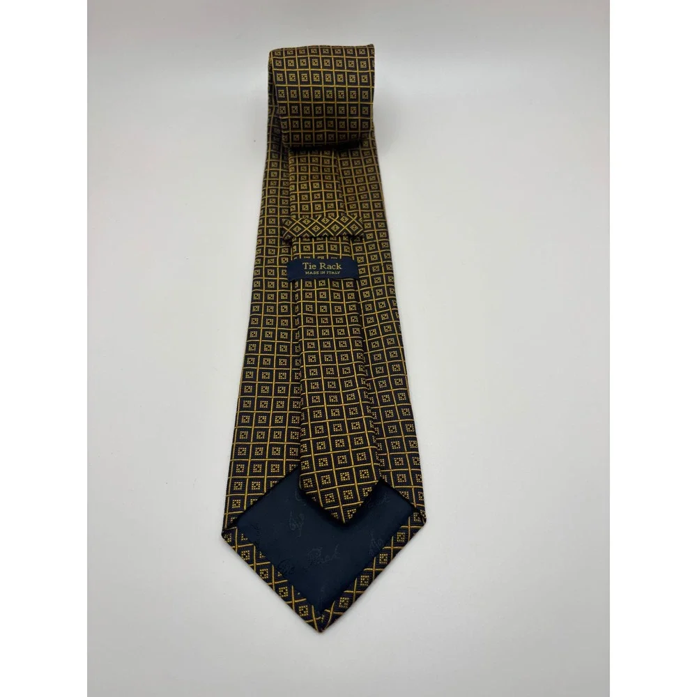 Tie Rack Mens Silk Tie Navy Blue Gold Geometric Grid Made in Italy Necktie